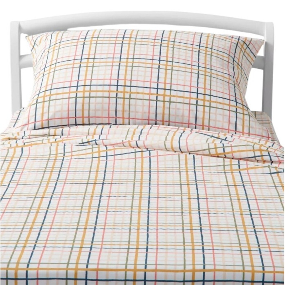 Full Plaid Print Cotton Kids Sheet Set Multi Color Navy Yellow Pink White Bed